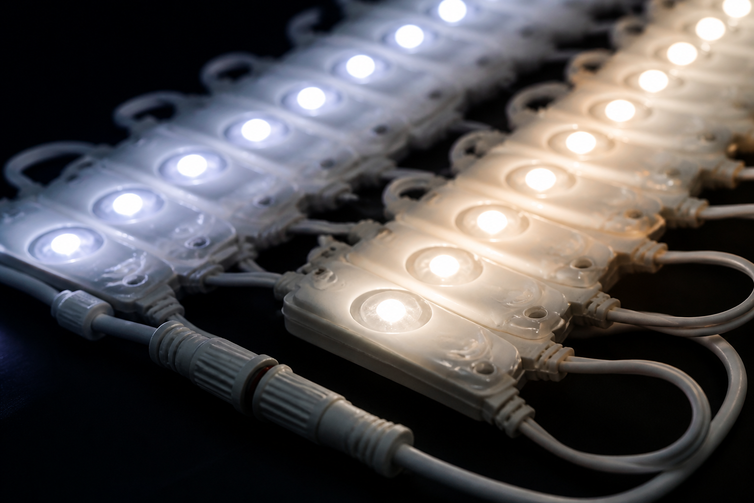 점등 상태의 LED 모듈 배선 근접 사진